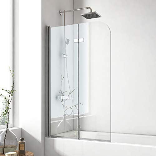 EMKE Mampara de bañera plegable 100x140cm, 2 hojas pivotantes, mampara bañera de cristal de seguridad de 6 mm, Giratorio 180°,Color Cromo,Revestimiento nano fácil de limpiar
