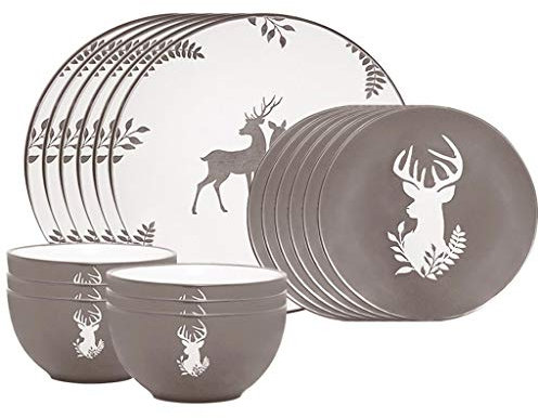 18 Piece Dinner Set Dishwasher/Microwave Safe Dinner Service for Six Grey & White Hand Painted Rustic Stag Stoneware Crockery - 6 Place Settings of Bowl, Side Plate & Dinner Plate