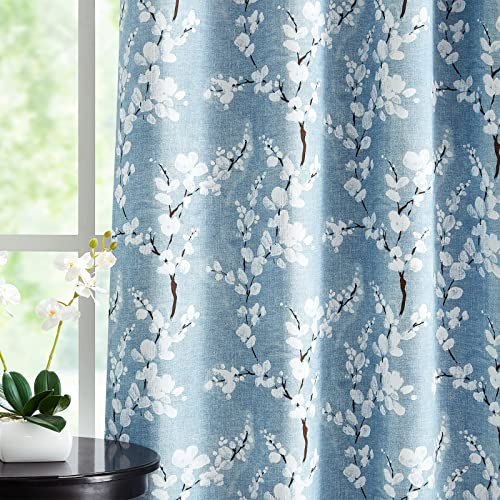Fmfunctex Blue Floral Blackout Curtains for Bedroom 90 inch Drop Eyelet Curtains for Living Room Nursary Blossom Thermal Insulated Window Curtain Panels 2 Panels White on Blue