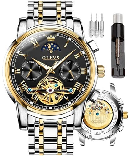 OLEVS Relojes automáticos para hombre, esqueleto, mecánico, cuerda automática, reloj de pulsera de lujo, fase lunar, día, fecha, impermeable, luminoso, de dos tonos, regalos, Oro y negro, pulsera