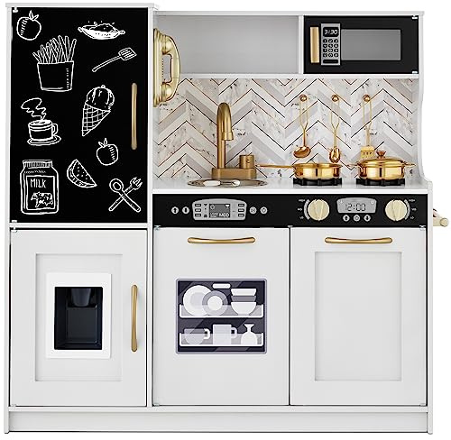 Best Choice Products Pretend Play Kitchen Wooden Toy Set for Kids w/Realistic Design, Telephone, Utensils, Oven, Microwave, Sink - White Bevel