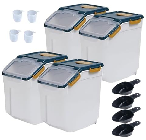 Begino Airtight Flour Storage Container, 25lb 4Pack Blue | Large Rice Bin with Wheels, Seal Locking Lid, BPA-Free, Includes Measuring Cup & Scoop, Kitchen Organization
