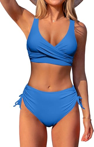 Beachsissi Damen Cross Back Badeanzüge Leopard Twist Front Bademode Kordelzug Side Bikini Sets, Königsblau, L