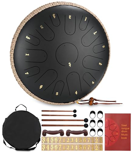 Zungentrommel,14 Zoll 15 Tone Steel Tongue Drum C-Dur Percussion Kit mit Trommelschlägeln,Spezielle Tragetasche,Fingerpolstern,Tonaufklebern,gratis Liederbuch Handtrommel für Kinder und Erwachsene