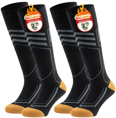 TANSTC Thermal Socks Merino Wool Ski Socks for Men Women,Thick Warm Knee High Winter Sport Socks for Snowboard Walking Hiking Running Skiing and Outdoor Sports 2 pairs,Black,L