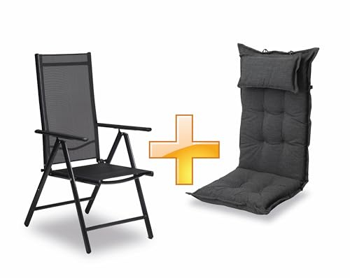 sunnypillow Set Gartenstuhl und Gartenstuhlauflage Hochlehner | 120 x 50 x 9 cm Hochlehner Auflage wasserdicht UV-lichtecht | Klappsessel Klappstuhl für Garten Polsterauflagen Stuhlauflage | Anthrazit