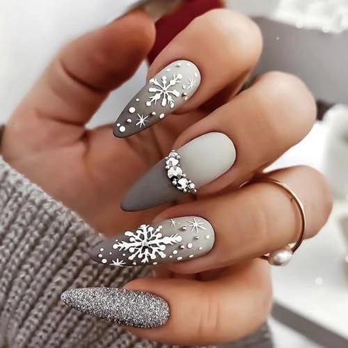 Ceboic 24 Stück Weihnachten Press on Nails Mandel, Lang Ballerina Französische Künstliche Nägel Schneeflocke Strass Acryl Nägel Zum Aufkleben, Full Cover Kunstnägel Falsche Nägel für Frauen & Mädchen