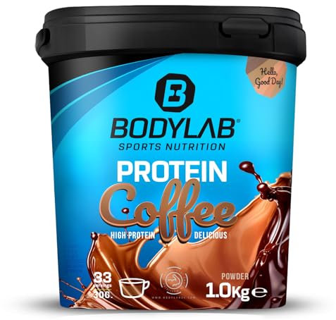 Bodylab24 Protein Coffee Espresso 1000g, mit bis zu 20g Eiweiß aus Molkenprotein und 69mg Koffein je Portion, der ideale Protein-Koffein-Kick zum Frühstück, zwischendurch oder vor dem Training