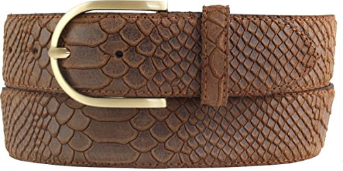 BELTINGER Damen-Gürtel mit Pythonprägung 4 cm | Leder-Gürtel für Damen 40mm Schlangen-Optik | Schlangen-Muster mit goldener Gürtelschließe | Tabac 95cm