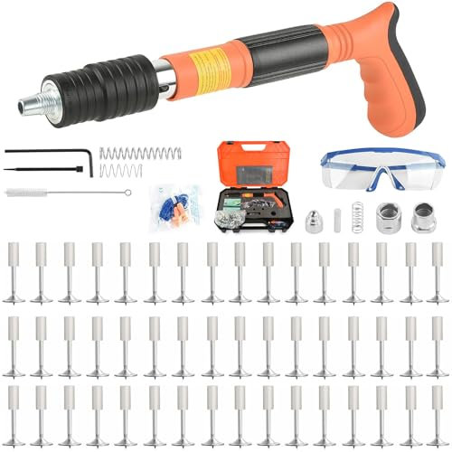 Pistola de clavos manuales con 110 clavos redondos, pistola de clavos de hormigón, 5 velocidades, pistola de clavos de acero ajustable, pistola de uñas de pared (naranja)