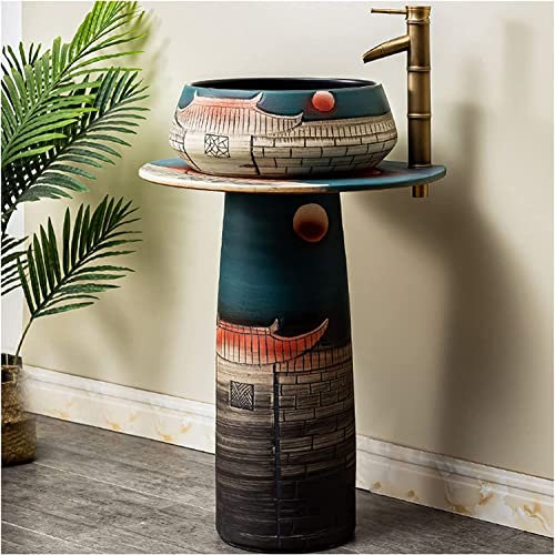 Vanity Unit with Basin,Bathroom Basin Sink with Full Pedestal, Pedestal Sink, Rounded Basin Pedestal Sink Ceramic Material Freestanding Bathroom Sink Pedestal washbasin for Indoor