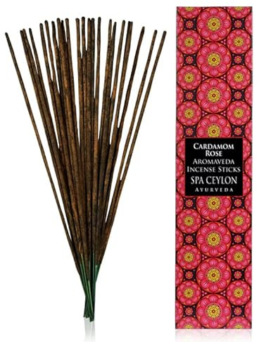 SPA CEYLON Cardamom Rose Aromaveda Incense Sticks, 30 Stück ayurvedische Räucherstäbchen mit Kardamom und Rose, sinnlich und harmonisierend, handgerollt in Sri Lanka