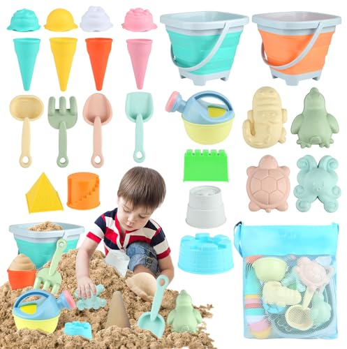 25 Jouet de Plage Enfant, Silicone Kit de Jeux de Plage, Jouet Sable Enfant Plage avec Seau Pliant, Sac de Rangement pour Aux Garçons et Filles de 1 2 3 4 5 ans