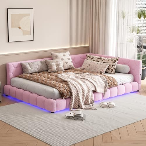 Kayan Polsterbett 140x200 mit LED und USB-Anschluss, Bettgestell mit Lattenrost, Tagesbett Schlafsofa Bett Bettsofa Gästebett Jugendbett Doppelbett, ohne Matratze (Rosa, 140x200cm)