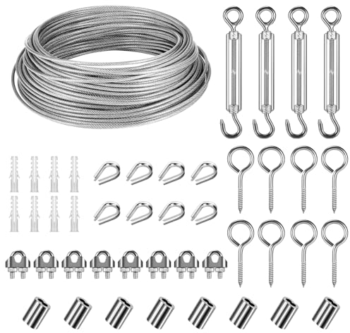 Set Di Sospensione Per Cavi In Acciaio Inossidabile, Rivestito con Tendicorda M5 in Acciaio Inox, 30m Φ 3mm Fune Acciaio in PVC per Piante Rampicanti, Appendere Lamp, Filo Stendibiancheria per Esterno