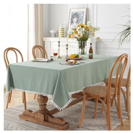 Aotiwe Tischdecke Outdoor Boho, Tischtuch Vintage Volltonfarbe Mit Samtkugel Tischdecke Garten Klein Hellgrün Deko Tischdecke Baumwollspitze 140x180cm