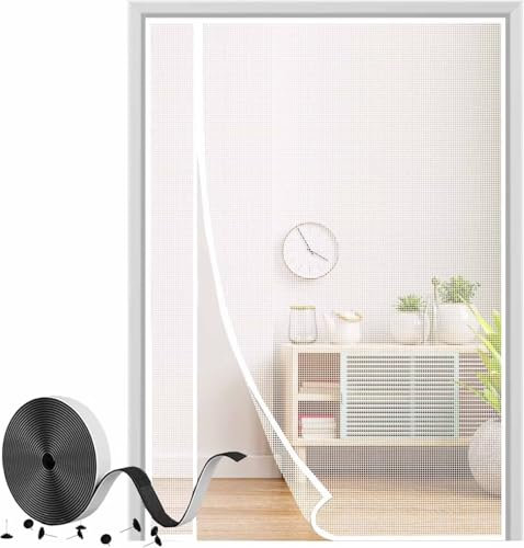 Rideau MagnéTique Attaché 130×185cm Blanc Rideau De FenêTre Pliable Facile À Installerpour Porte d Entrée Intérieur/Patio