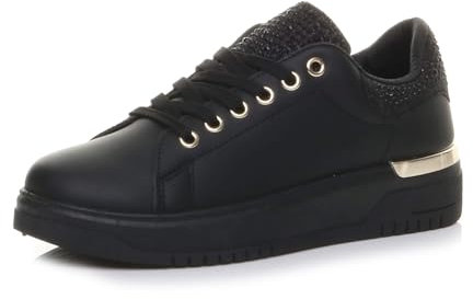 AJVANI Womens Ladies Flat Diamante Crystal Glitter Sparkly lace up Trainers Size 7 40 Black