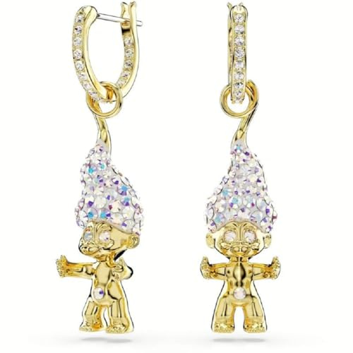 Swarovski Goldplattierte Creolen-Ohrringe 'Good Luck Trolls', Abnehmbare Troll-Motive, Pavé-Creolen, Kristallaugen, Kristallhaar, Weiß, 2.85 cm x 0.95 cm, Kristall, Schmuck