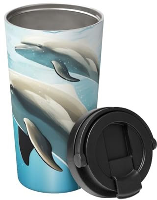 Isolierter Kaffeebecher mit Henkel Edelstahl Kaffeebecher Vakuum Auslaufsicher Reisebecher Wiederverwendbare Autobecher Kuss Delphin Tale Kaffeetassen für Reisen Büro 500ML