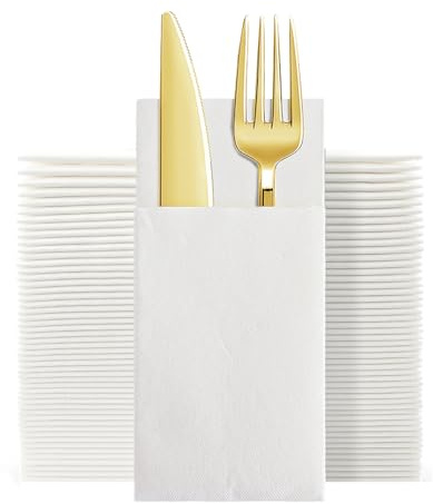 JEBBLAS Disposable Pocket Napkins, Cloth Like Napkins Built-in Flatware Pocket,Wedding Party Linen Feel White Napkin, Prefolded for Silverware,33x40cm, 50 Count