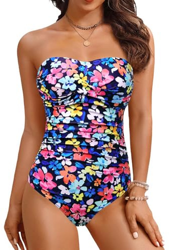 Yonique One Piece Swimsuit for Women Strapless Tummy Control Slimming Bandeau Swimwear