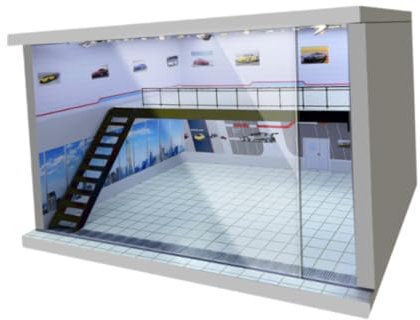 F Fityle Vitrine de Garage à échelle 1/64 1/36 1/32, arrière-plan anti-poussière, modèle de voiture, Parking, Double couche pour aménagement de Diorama de, Escalier Gauche, Blanc