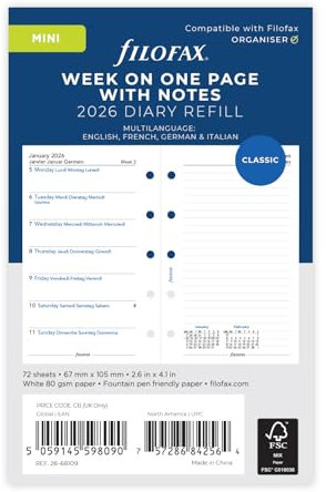 Filofax Mini-Woche pro Seite mit Notizen, 4-sprachig, 2026, Terminplaner 26-68109