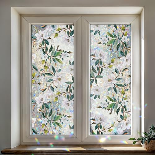 DARUITE Vinilos para Cristales con Efecto Arcoíris, Anti-UV y Electrostática Vinilo Ventana Privacidad, Lámina Privacidad Ventana Decorativa para Oficina o Dormitorio (Magnolia Blanca, 43x100 cm)