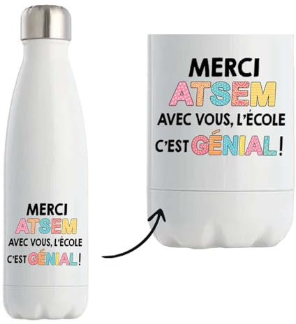 Planetee Bouteille isotherme Merci ATSEM - école géniale| Gourde Originale Cadeau Remerciement fin d'Années Atsem Maternelle Professeur Institutrice Prof Noël