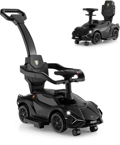 SOARS Lamborghini Rutschauto, Rutschfahrzeug mit Abnehmbarer Schiebstange, Universalrädern, Stauraum, Scheinwerfern, USB-Anschluss, Musik, Spielzeugauto für Kinder ab 1 Jahr (Schwarz)
