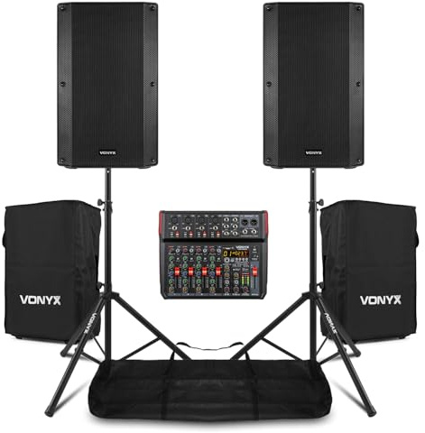 VONYX VSA12BT Active 12 PA System Kit with VM-KG08 Mixer, Speaker Stands, Protective Covers & Cables - Bluetooth Streaming, 1600W Power for Live Bands, DJs, Vocalists