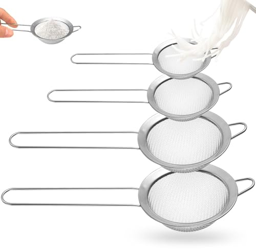 4 Pz Scolapasta Acciaio Inox, Passino Colino Acciaio Inox Maglia Fine, 8/12/16/20 cm Setaccio da Cucina con Maniglia, Setaccio per Farina Cuocere Verdure, Frutta, Farina, Succo, Tè, Zucchero a Velo