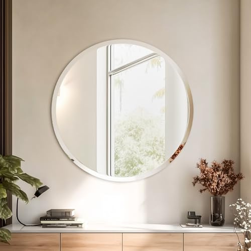 Artloge Wandspiegel Rund Dekospiegel 90cm: runder Spiegel Silber abgeschrägter Spiegel Flur dekorative Wohnzimmerspiegel HD Hochwertiger Hängespiegel für Wohnzimmer Schlafzimmer