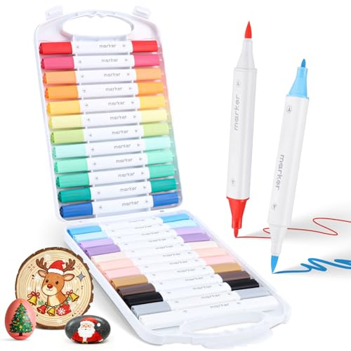 Thboxes 24 Farben Acrylstifte, Wasserfest Acrylmarker mit Doppelspitze Filzstifte Pinselspitze Marker Stifte für Papier Glas Holz Steine Keramik Leinwand Erwachsene