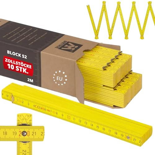 Metrie™ Zollstock – Gliedermaßstab 2m | Meterstab, Maßstab – Gelb – Duplex Teilung, Hergestellt in der EU | Buchenholz & Stahlgelenke | für Handwerker, DIY | BLOCK 52 – 10 Stück