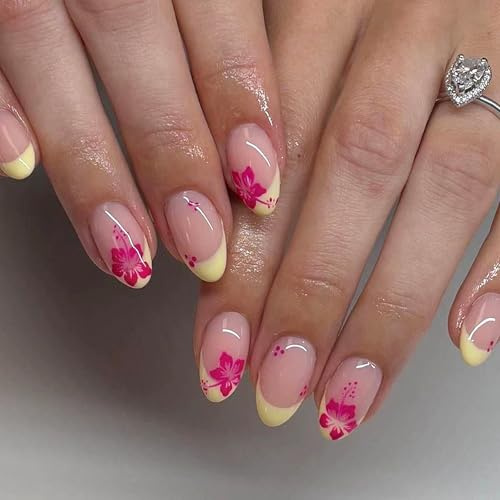 24 PCS Press on Nails - Short False Nails with Glue - 12 Sizes Stick on Nails with Flower Pattern - Yellow Oval Artificial Fake Nails - Elegant Full Cover French Tip False Nails for Women Daily Wear