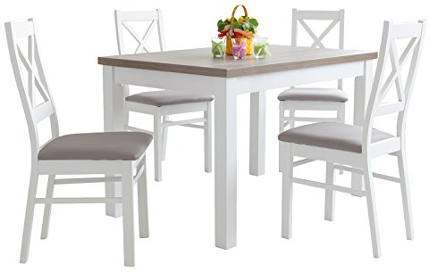 mb-moebel Holzgestellt Esstisch mit 4 stühlen: 110x70 oder 120x80 weiß und Drift, Esszimmertisch Tischgruppe Essgruppe - BONA (MDF-Platte + Naturfurnier, 110x70cm)