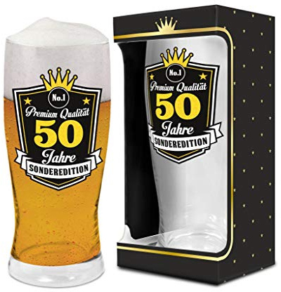 Abc Casa Bierglas 0,5l zum 50. Geburtstag für Männer, Mann, Freund, Bruder –Aufschrift Premium Qualität, 50 Jahre, Sonderedition – Geschenk für 50-Jährige im Geschenkbox