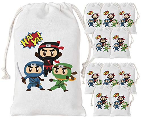 Kreatwow Sacchetti per bomboniere Ninja per feste per bambini, confezione da 12 sacchetti in cotone con coulisse, sacchetti regalo per caramelle e caramelle, riutilizzabili, per feste di compleanno a