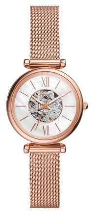 Fossil Women's Carlie Mini Automatic Stainless Steel Mesh Three-Hand Watch for Women, Rose Gold