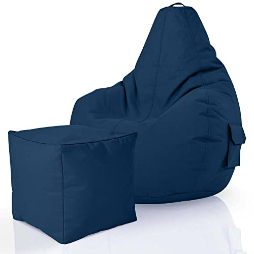 Green Bean 2er Set Sitzsack + Hocker - fertig befüllt - robust waschbar schmutzabweisend - Kinder & Erwachsene Bean Bag Bodenkissen Lounge Sitzhocker Relax-Sessel Gamer Gamingstuhl Pouf - Dunkelblau