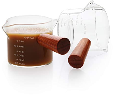 Double Spouts Measuring Triple Pitcher Milk Cup with Wood Handle 75ML Espresso Shot Glasses Parts Clear Glass by BCnmviku (2)