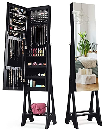 RELAX4LIFE Schmuckschrank mit Ganzkörperspiegel, Standspiegel 12 LEDs, Abschließbarer & freistehender Spiegelschrank, Schmuckorganizer mit Ablageflächen für Armbänder & Halsketten & Ringe (Schwarz)