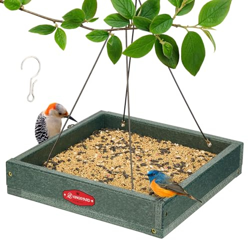 Kingsyard Platform Bird Feeder for Outside, Recycled Plastic Hanging Tray Bird Feeders with Large Capacity 3.5 lbs, Premium Quality & Durable, Great for Attracting Wild Birds, Green
