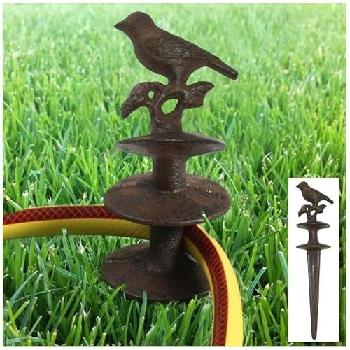 Spetebo Gusseisen Umlenkpflock Dunkelbraun - Vogel / 6er Set - Gartenschlauch Führung mit Erdspieß - Deko Garten Schauch Führung Halter Eisen Pflock