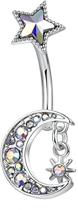 Lieson Bauchnabelpiercing Barbell, Chirurgenstahl Bauchnabelpiercing Mond Sonne und Stern Bunt Zirkonia Bauchnabelpiercing Bananabell Bauchnabel Schmuck
