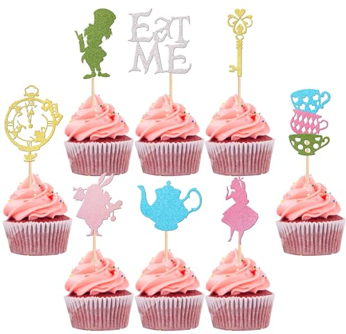 SYKYCTCY 24 Pack Wonderland Cupcake Toppers Glitter Kit Magic Tea Party Eat Me Cupcake Picks Lets Partea Baby Shower Girls Boys Baby Birthday Wedding Party Cake Decorations Supplies