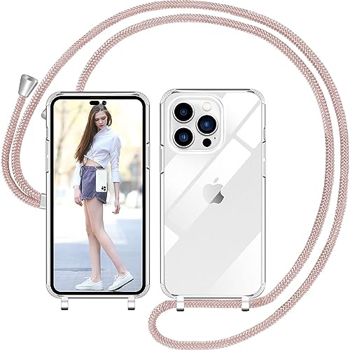 Nupcknn Handykette für iPhone 14 Pro Hülle mit Band,Ultra Dünn Transparent Handyhülle (Abnehmbar) Necklace mit Kordel zum Umhängen Kameraschutz Handy Kette Stossfest Schutzhülle(Rosegold,6.1)