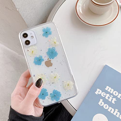 EYZUTAK Case for iPhone 11 6.1 inch, Bling Glitter Sequin Handmade Real Dried Flower Leaf Embedded Pressed Floral Flexible Soft Rubber Gel TPU Protective Bumper Back Cover - Blue+White
